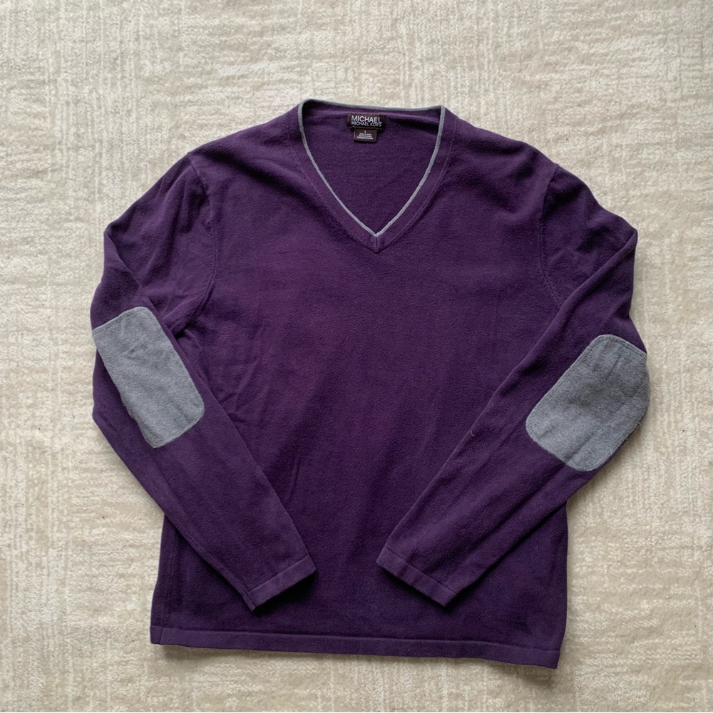 Michael Kors Purple V-Neck Sweater with Gray Elbow Patches